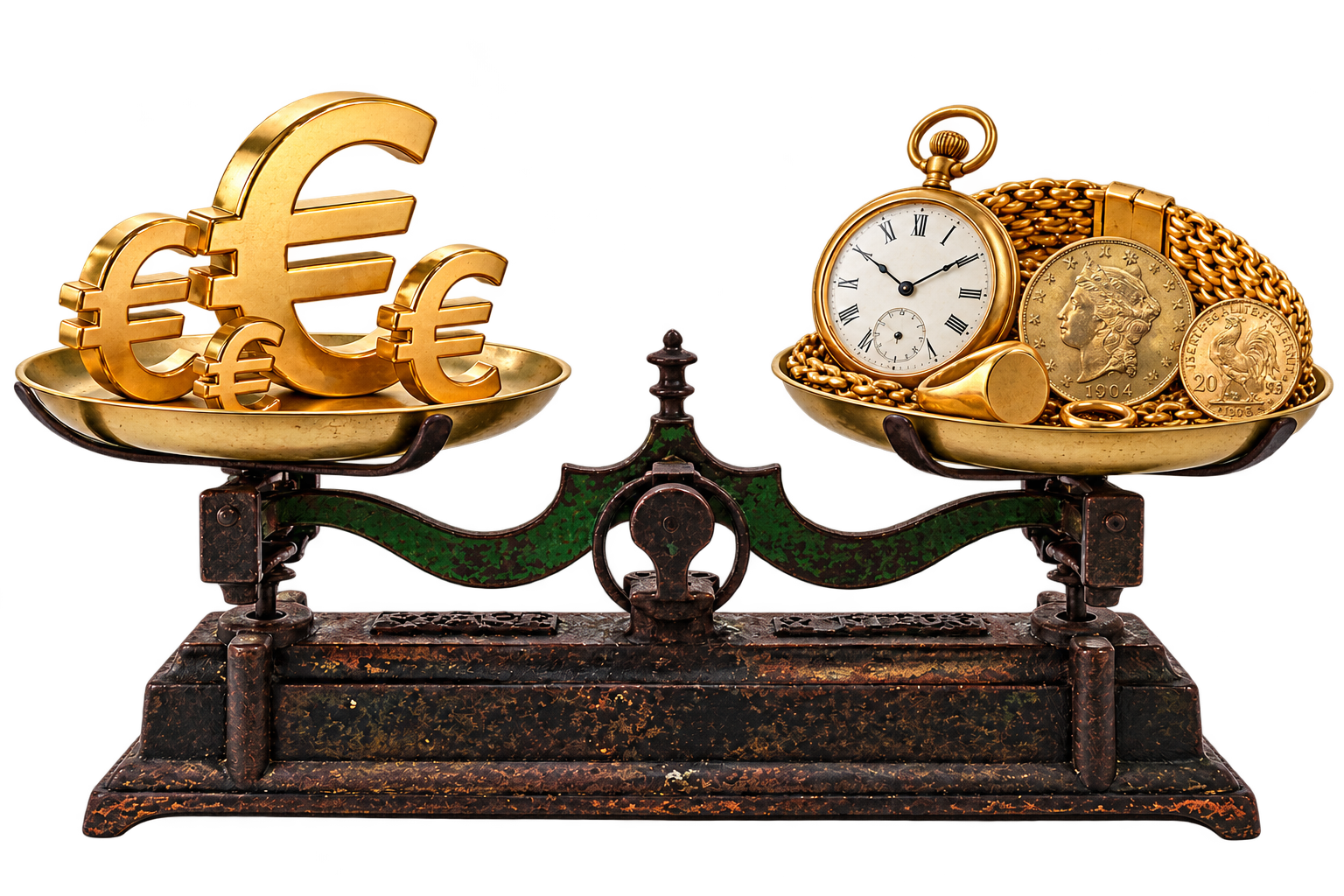 Balance ancienne : symboles € dorés d’un côté, montre à gousset, bracelet maille américaine, chevalière 20 francs Coq Marianne et 20 dollars Liberty de l’autre