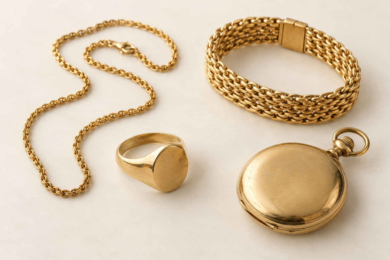 Illustration SC GOLD : chaîne, bracelet, chevalière et montre à gousset en or