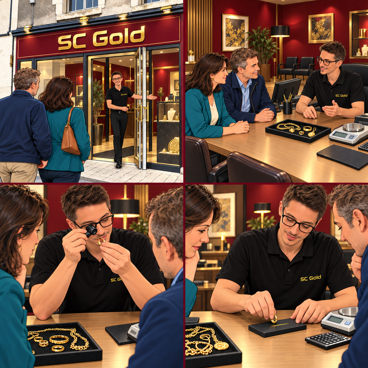 Illustration : Un jeune conseiller à lunettes accueille un couple devant la façade rouge SC GOLD.